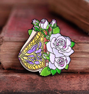 Broche Vintage Art Déco émaillée Rouge Avec Décor De Rose - Occasion
